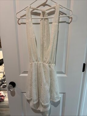 Halter Lace Swim Coverup Romper in Cream